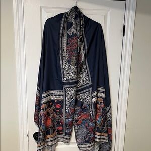 Navy Floral Border Shawl - Unbranded